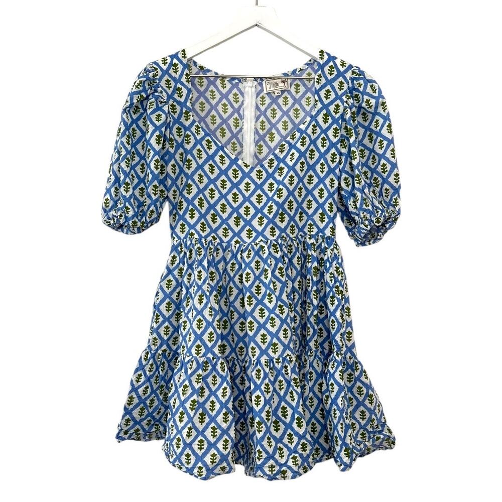 Mille Aneli Blue & Green Block Print Puff Sleeve Mini Dress Size XS